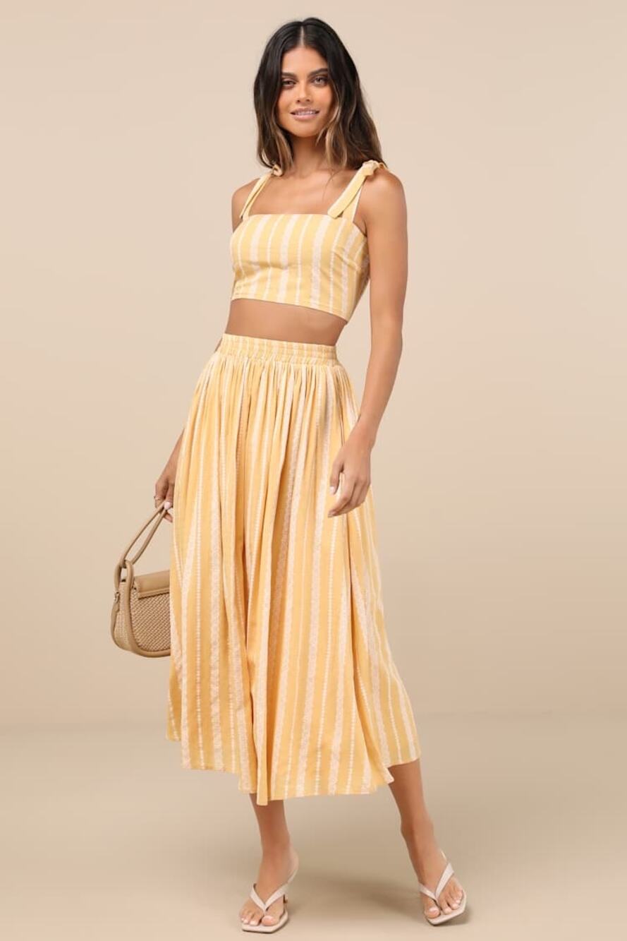 Lulu's Yellow and White Striped Midi Skirt Crop Top Set